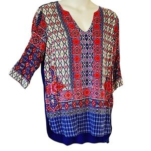 Life Style Patchwork Print Tunic Navy Red Ikat Bandana Print Long Length Size 1X